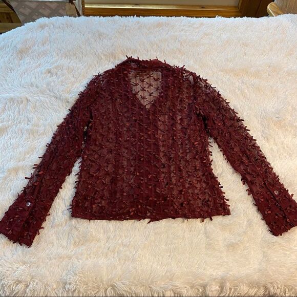 Kenar Wine Colored Ribboned Semi Sheer Blouse, Size 10. - Picture 2 of 10
